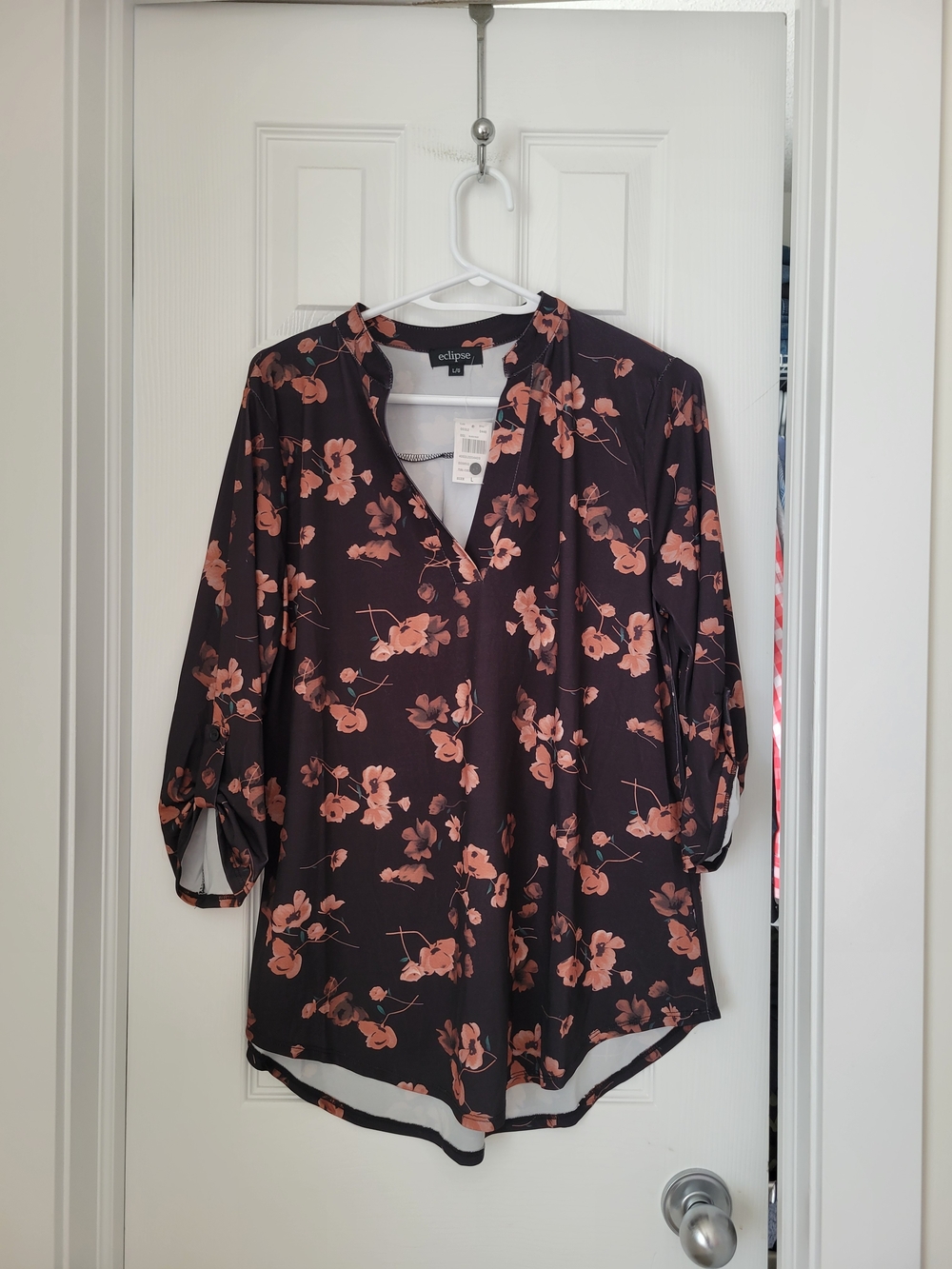 Brand New Eclipse Black Blouse with Tan Floral Print Size L